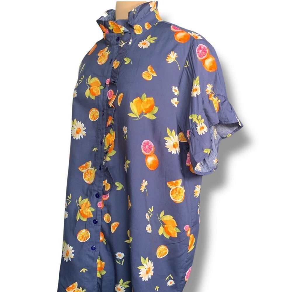 Wayward Fancies eShakti Navy Blue Citrus Print Button-Down Blouse Ruffled Collar - Picture 3 of 9